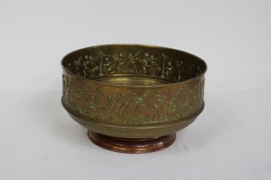 Large Brass Planter With Pictorial Scene & Copper Base - Vintage Indoor Plant Pot