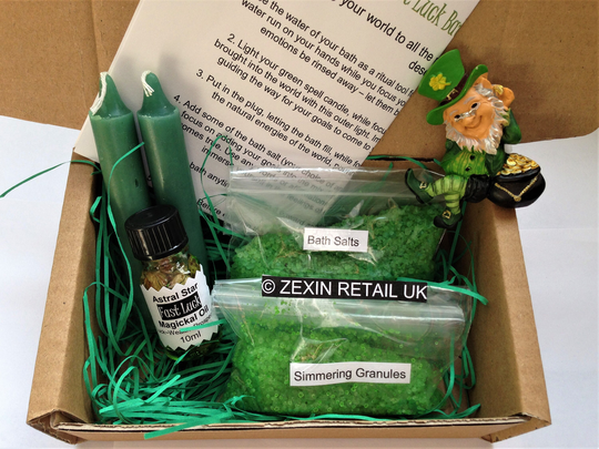 Fast Luck Bath Spell Kit - Salts, Simmering Granules, Lucky Leprechaun, Candles, Anointing Oil + Full Instructions