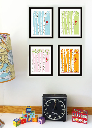 4 Seasons Cardinal Bird Art Prints Set Of Four - Birch Trees Print Wall Nursery Decor Seasonal