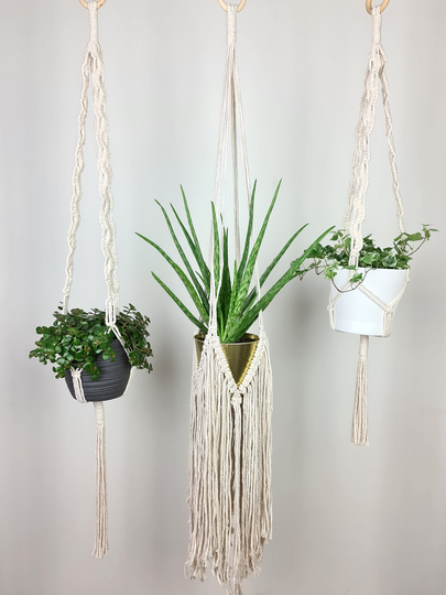 Set Of 3 Plant Hangers | Different Cotton Wooden Ring Hanging Decoration Natural Handmade Boho Flower Hanger
