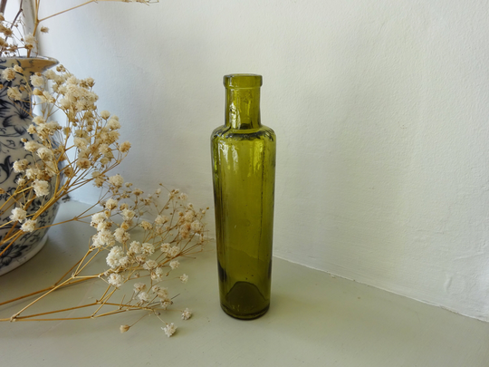 Edwardian Olive Green Bottle Embossed Hollamby Heathfield. Antique Medicine Bottle, Circa 1905. Tall Narrow Chemist Pharmacy, Sussex