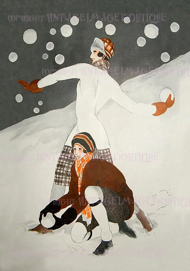 Antique 1920's Lovely Flappers Having A Snowball Fight Christmas Season Winter Solstice Holiday 5x7 Greeting Card