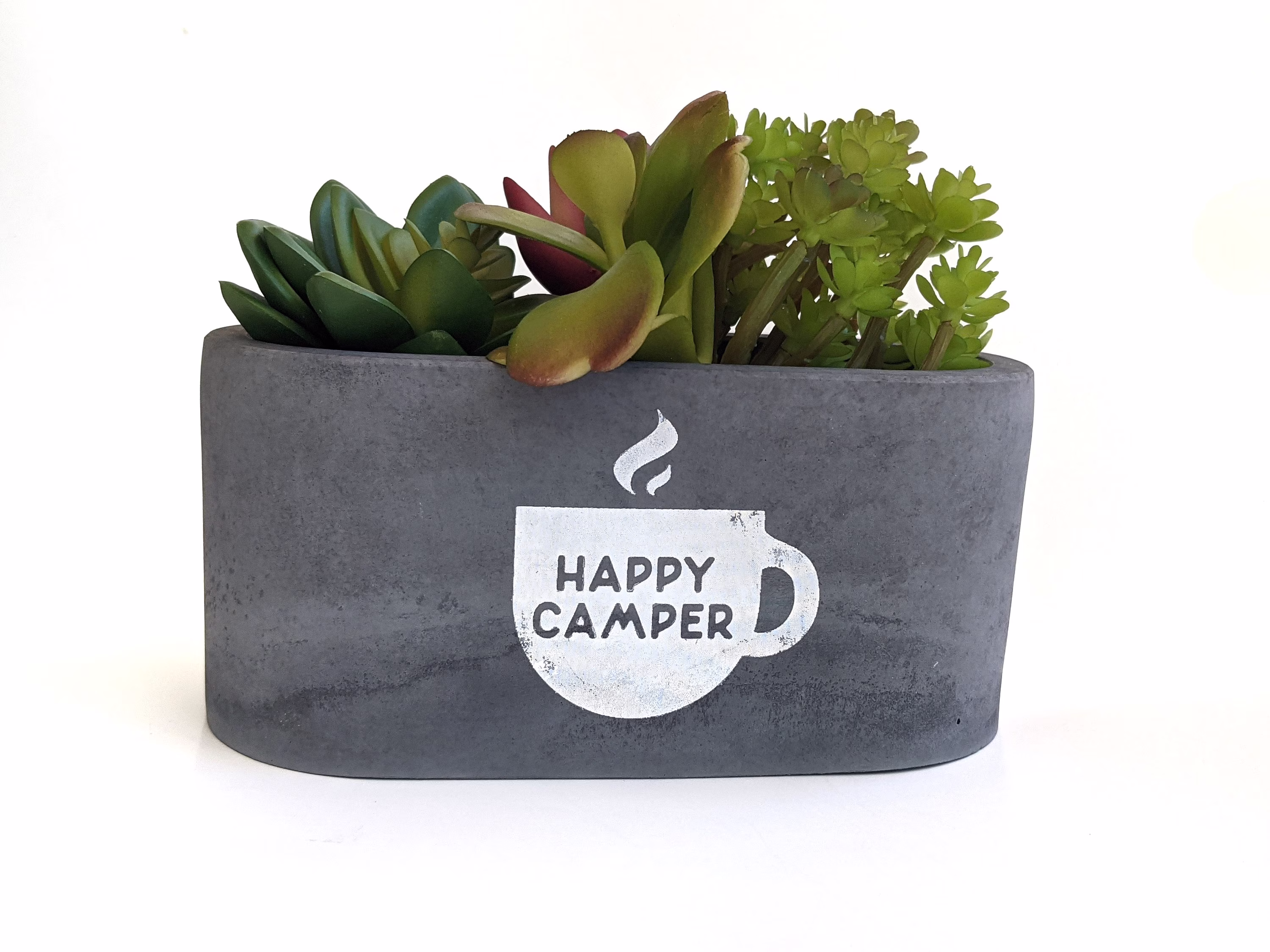 Oval Happy Camper Concrete Succulent Planter | Cement Flower Pot