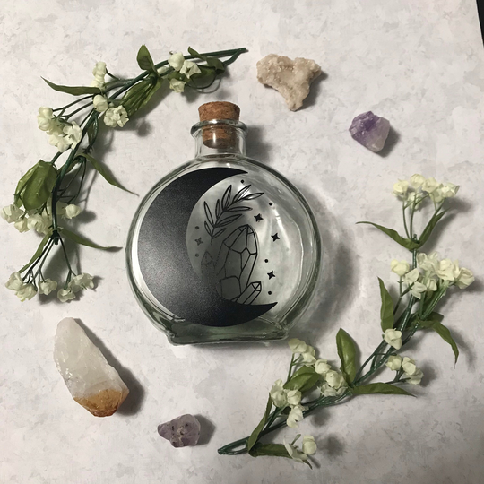 Crescent Moon & Crystals Glass Bottle With Cork | Full Dark Goddess Ritual Magick Herb Jar Spells Alter Tools