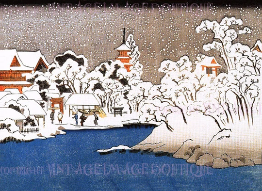 Antique Victorian Japanese Snowy Village Scene Christmas Season Winter Solstice Holiday 5x7 Greeting Card