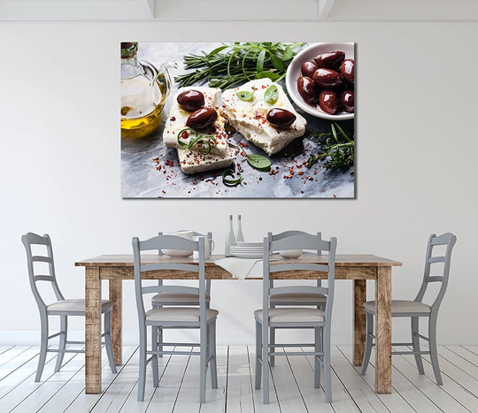 Feta Cheese With Olives & Green Herbs On Gray Marble Background Perfect Kitchen/Restaurant, Home Decor Wall Canvas Art Gift For New