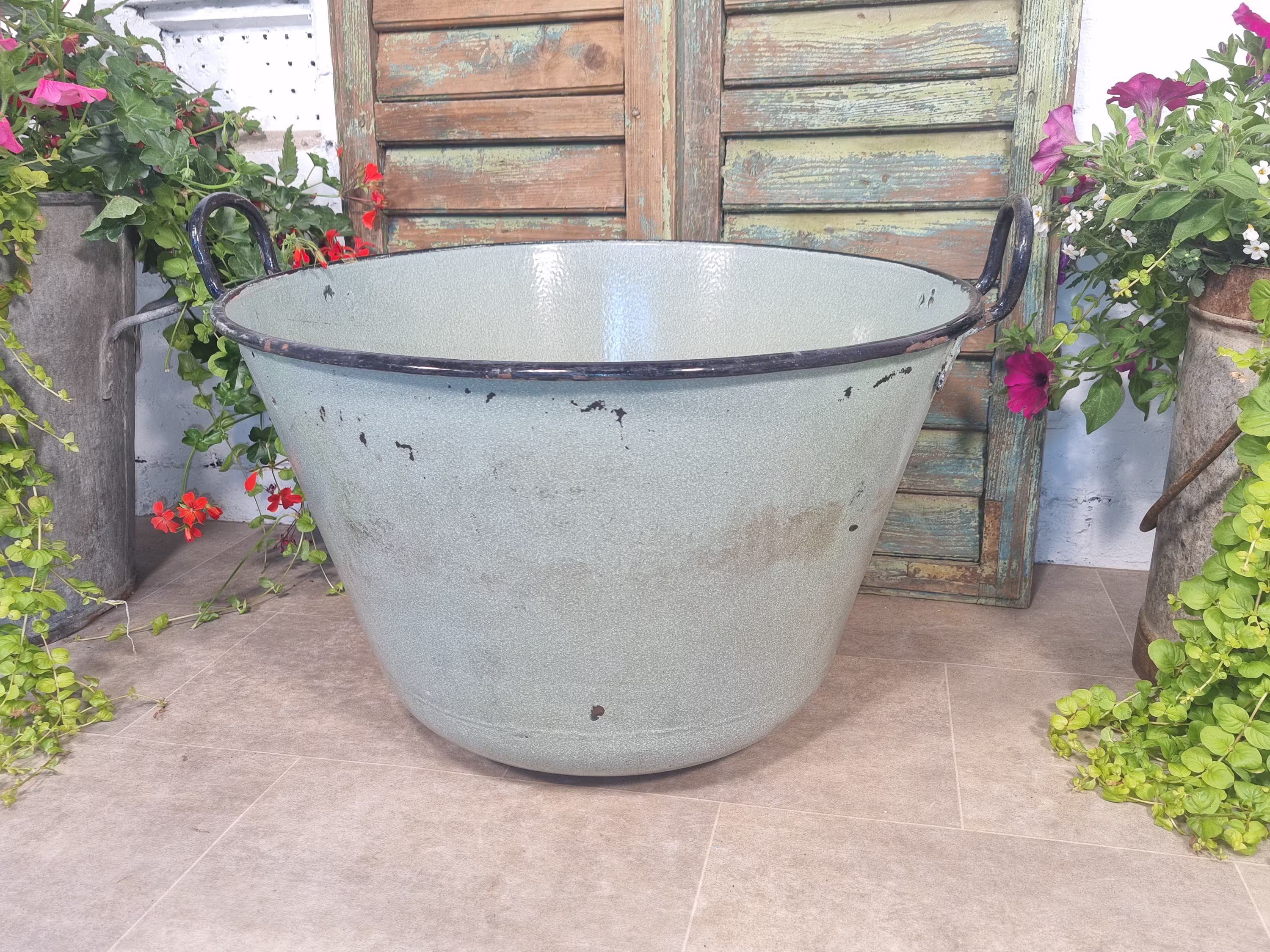 Very Large Vintage European Enamel Cauldron Log Basket Kindling Garden Planter