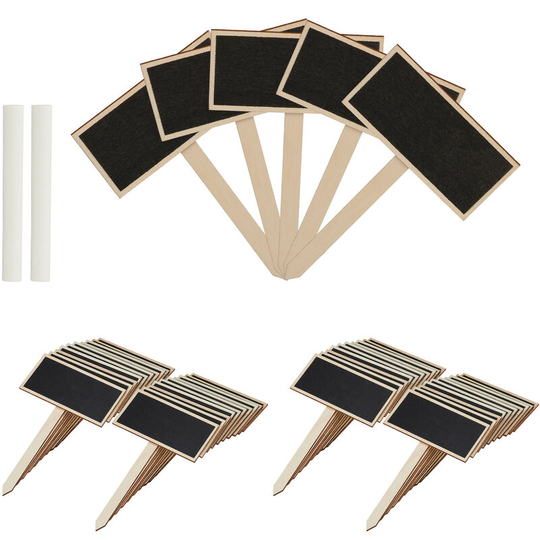Plant Labels With Blackboard & Stick, Pack of 48, Flower & Herb Pots Labelling Tags, HxW 14x9cm, Wood, Natural - Relaxdays