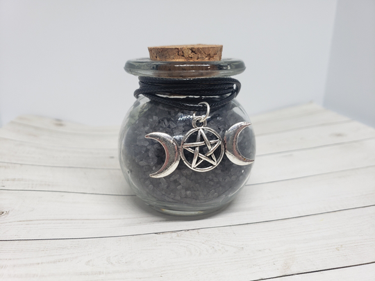 Wiccan Witchcraft Ritual Spell Casting 2 Ounces | 2Oz Black Sea Salt | Witch's Salt in Round Glass Bottle With Triple Moon Necklace