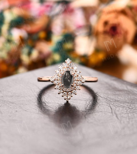 Natural Diamond Ring// Anniversary Ring Gift// Antique Grey Wedding Engagement Vintage Oval Shape Salt & Pepper