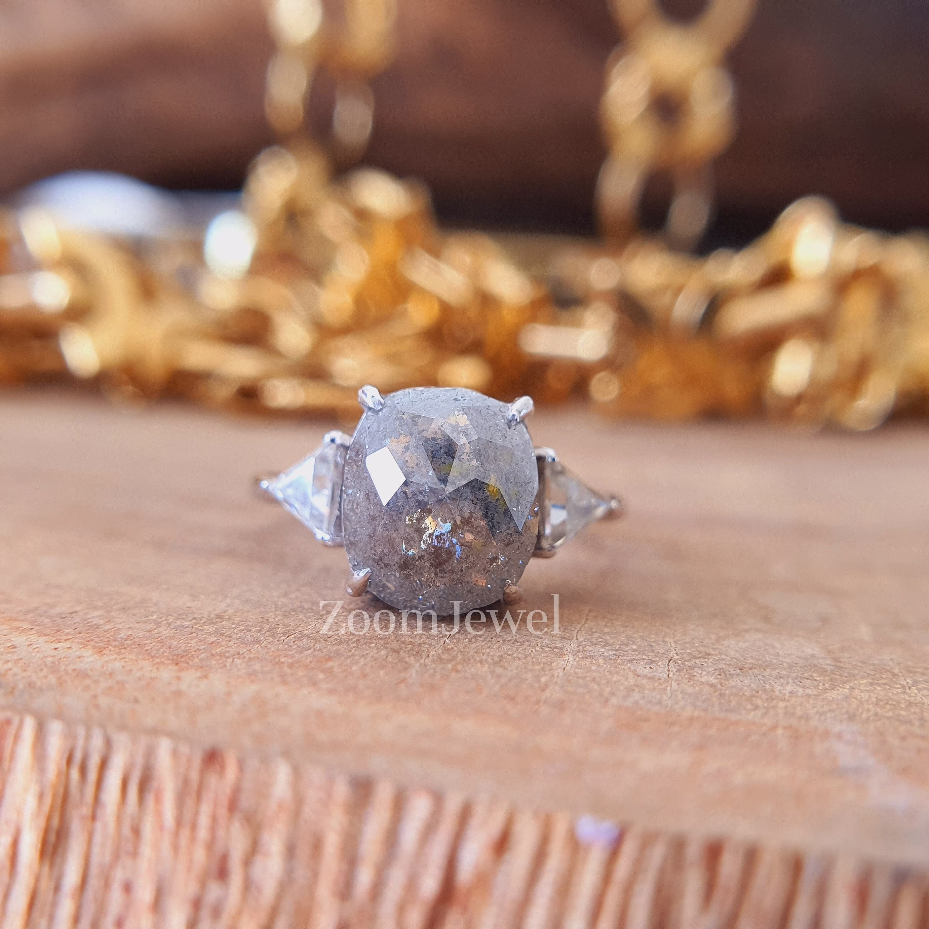 3.12Ctw Salt & Pepper Diamond Ring, Tringle Cut Three Stone Unique Cushion Jewelry