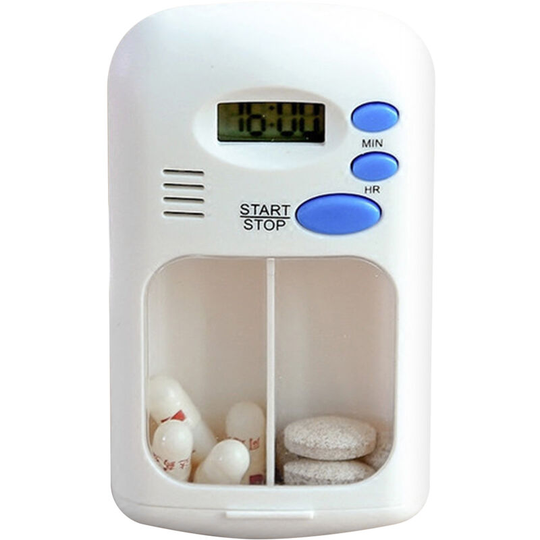 Portable Mini Pill Box Timer with lcd Digital Electric Alarm Medicine Pill Case 2 Grids White Color Two Drawers Divided Plus Memory Fits Large Pills