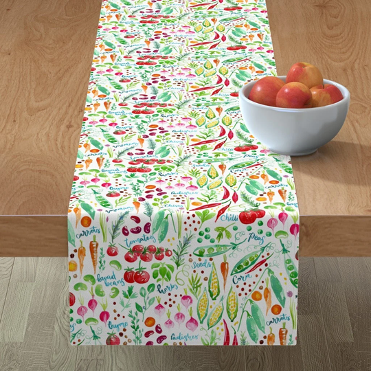 Watercolor Botanical Table Runner - Kitchen Garden By Rebeccaflaherty Vegetables Chef Gardener Cotton Sateen Spoonflower