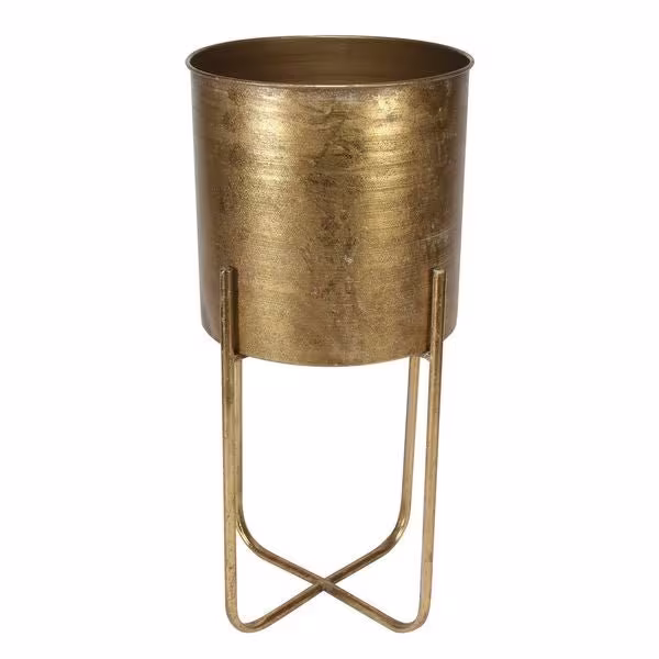 French Vintage Style Brocante Planter With Stand | L Brass Gold Metal