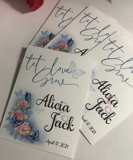 Let Love Grow Butterfly Wedding Seed Favors, Packets, Watercolor Floral, Wildflower Seeds Included, Party Favors