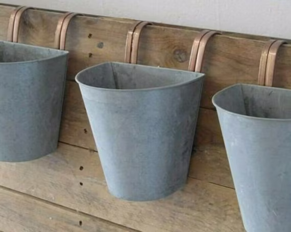 Set Of 3 Galvanised Metal Copper Planter Balcony Wall Garden Fence Zinc Flower Plant Pot
