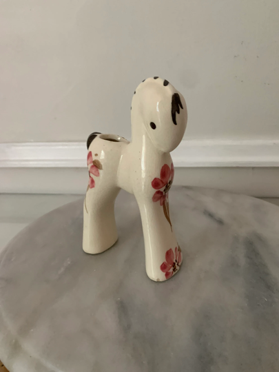 Vintage White Ceramic Horse Planter With Hand Painted Flowers