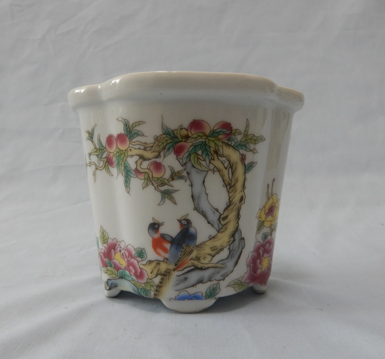 Vintage Chinese Porcelain Flower Bonsai Pot Plum Tree Birds Chrysanthemum Circa Mid 20Th Cenury Retired Used