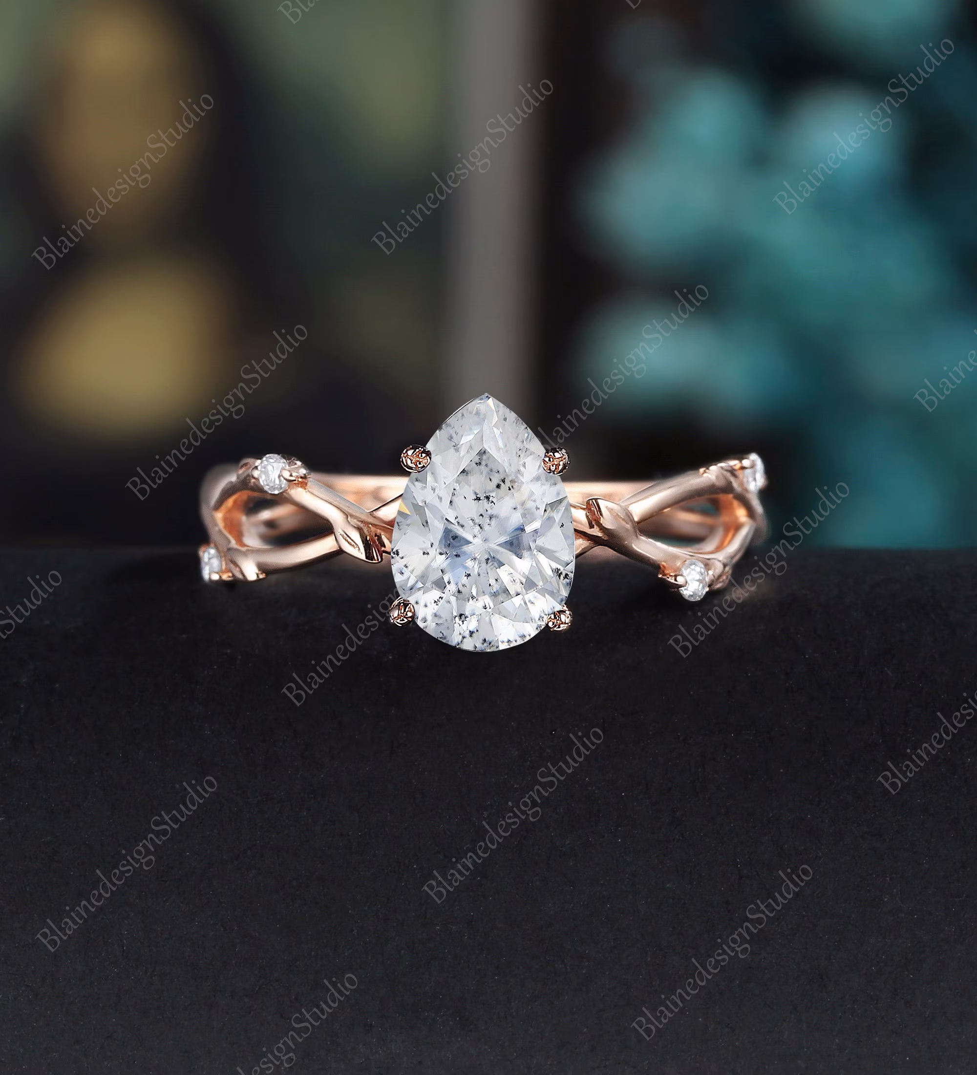 Pear Shaped Salt & Pepper Moissanite Engagement Ring Vintage Cluster Solid Rose Gold Unique Leaf Art Deco Diamond Anniversary Gift For Her