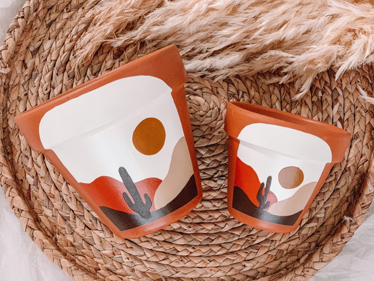 Earthy Dunes | Boho Terracotta Painted Pots, Gardening Handpainted Pottery, Ceramic Decor