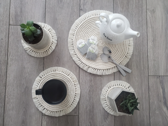 Macrame Coasters Set/Placemat Plant Mat Round Coaster Coffee Table Decor Boho Fringe Home