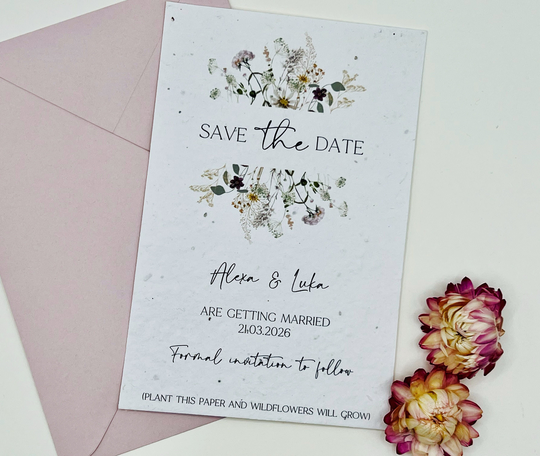 Seeded Paper Save The Date, Plantable Wedding Invites, Card, Eco Friendly, Floral Invitation, Summer