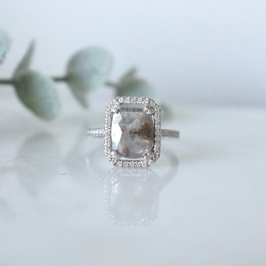 Salt & Pepper Ring, Grey Cushion Rose Cut Diamond Halo White Gold Engagement