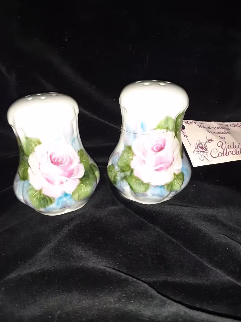 Hand Painted Pink Rose North Dakota Salt & Pepper Shakers