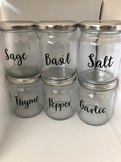 Set Of Six Large 300Ml Glass Jars Personalised Any Word Herbs/Spices Screw Top Lids Kitchen Storage