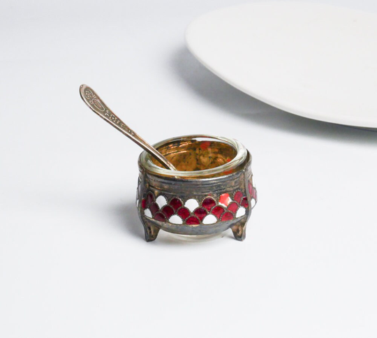 Christmas Sale.vintage Enameled Metal Salt, Pepper Or Mustard Jar With Metal Spoon, White & Red Enamel