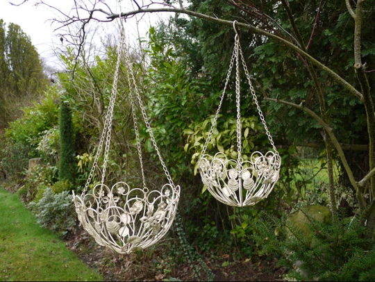 A Set Of 4 Cream Coloured Metal Hanging Baskets For Summer Planting