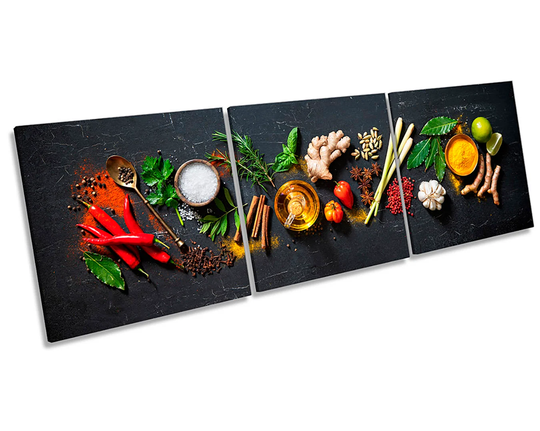 Herbs Spices Dark Background Picture Canvas Wall Art Three Panel Print