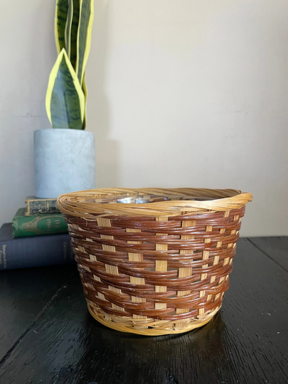 Vintage Wicker Basket Bowl Planter Plant Pot Holder Plastic Insert Vanity Weave Weaved Container Rattan Wood Bohemian Boho Stripe