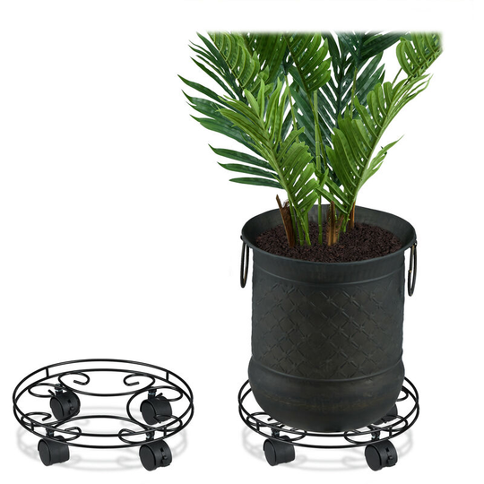 Plant Caddy, Set of 2, Round, Indoors & Outdoors, Brakes, Pot Trolley with Wheels, Metal, Black - Relaxdays
