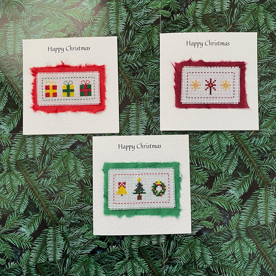 Christmas Card Pack Of 3 | Seasons Greetings Set Wreath Bell Tree Unique Special Keepsakes Happy New Year Handmade