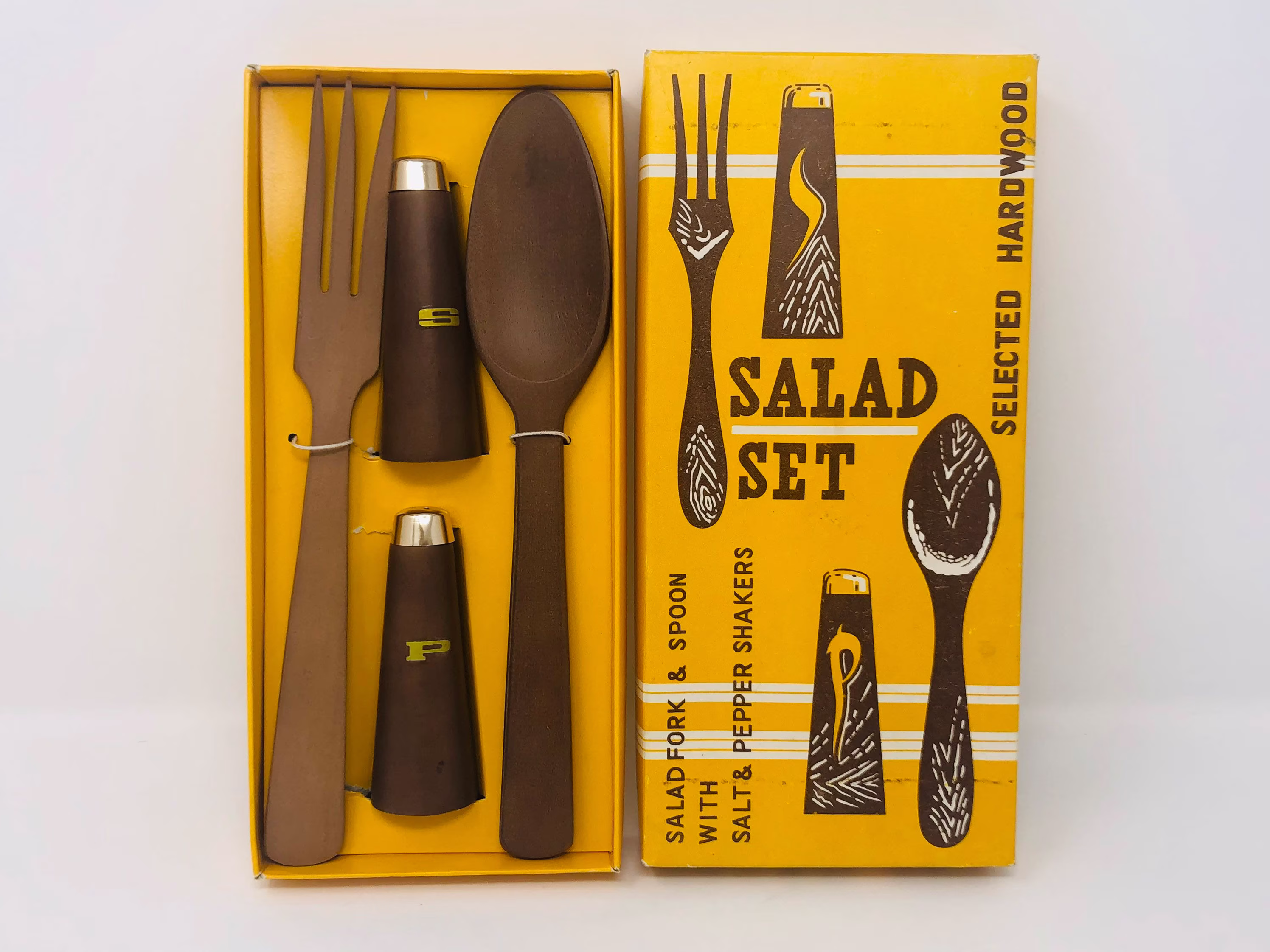 Vintage Salad Set Hardwood Fork Spoon Salt Pepper Shakers Original Box Never Used 1960S Dinner Table Setting