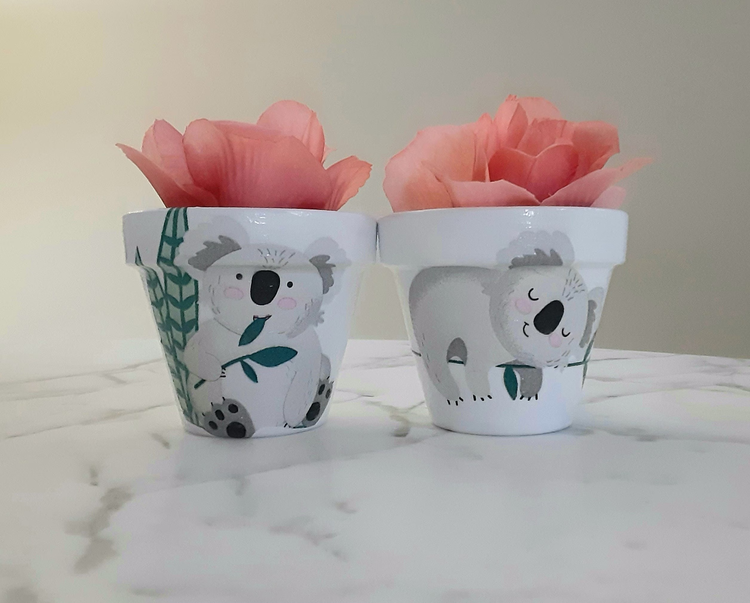 Set Of 2-Koala Bear Clay Pots-3.5 Inch, Jungle Nursery Decor, Nursery Baby Shower Gift, Koala Pots, Decoupage Pot, Indoor Planters