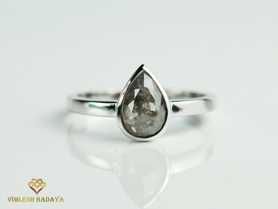 Gray Diamond Ring, Salt & Pepper Diamond, Pear Cut, Rose Cut Diamond Engagement Bezel Setting, Solitaire Stone Ring