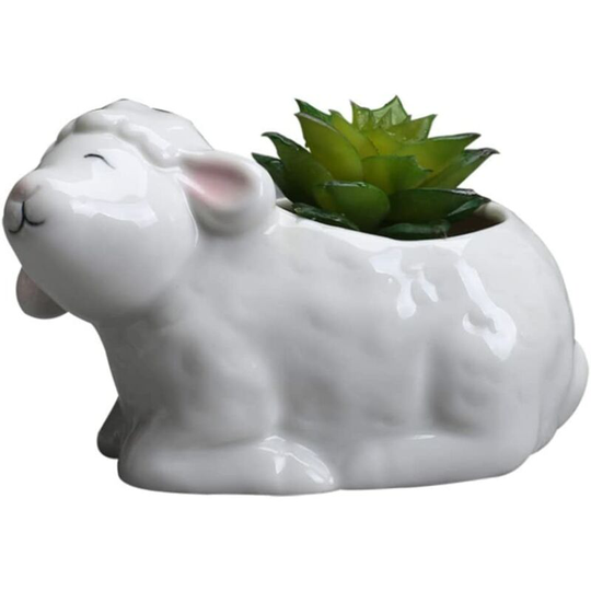 Sheep Pot Cute Ceramic Sheep Plant Container Mini Animal Flower Plant Holder Modern Creative Cactus Plant Pots White(Small Size),Garden Pots Planters
