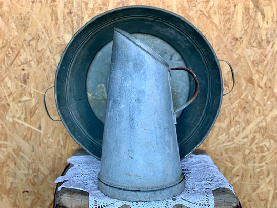 Free Shipping Antique Galvanized Zinc Pitcher & Basin, Vintage Wash Set, Cottage Garden Decor, Bathroom Bowl, Zinc Basin
