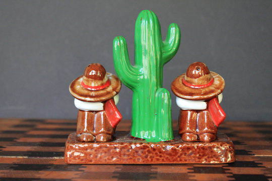 Vintage Red Ware Siesta Salt Pepper Shakers For 1950S Mid Century Kitchen Ware. Two Little Men Sleeping On Either Side Of A Cactus Nap Time