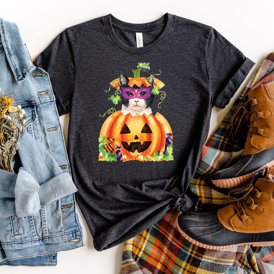 Halloween T-Shirt, Pets Tee, Fall Autumn Seasonal Shirt, Pumpkin, Cats, Jack-O-Lantern, Masked Cat, Costume