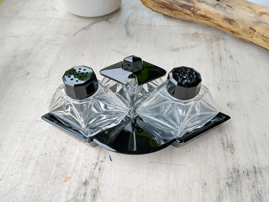 Bohemian Antique Art Deco Crystal Cruet Set, Black, Gift, Ornament
