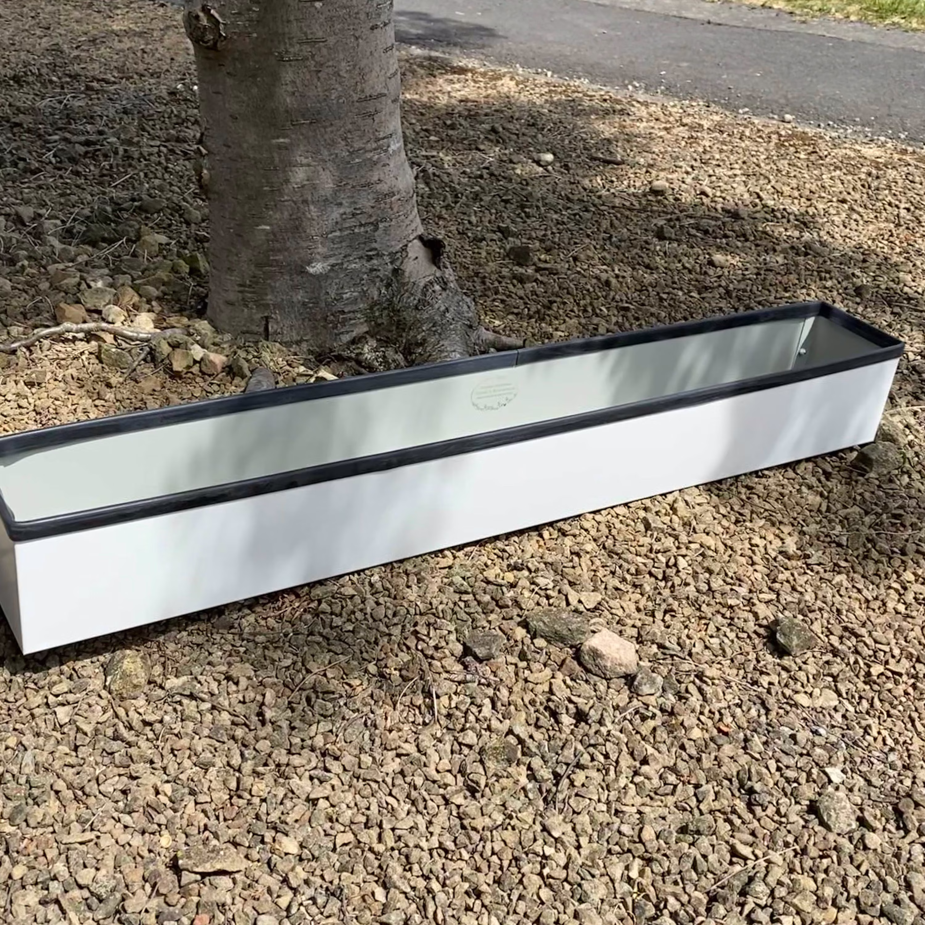 Long White Window Box Style Handmade Metal Planter, With Rubber Trim On Top Edge 945mm