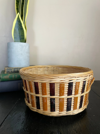 Vintage Wicker Checkered Basket Bowl Planter Plant Pot Holder Bathroom Vanity Weave Weaved Container Rattan Wood Bohemian Boho Stripe