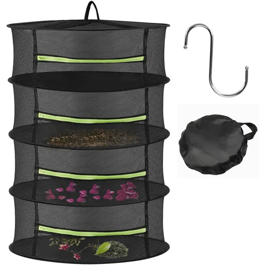 Drying Net, 4-Layer Hanging Herb Drying Net Foldable Hanging Herb Drying Rack with Zippers for Herbs Vegetables Plants Clothes Flowers Black