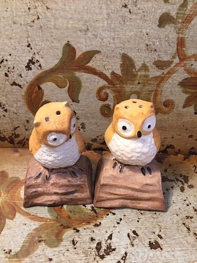 Cute Vintage Owl Owls On Log Branch Salt & Pepper Shakers Taiwan