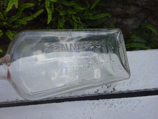 Vintage Clear Glass Medicine Bottle For Fennings' Fever Curer With Graduation Marks Half Wine & Full Glass, Chemist