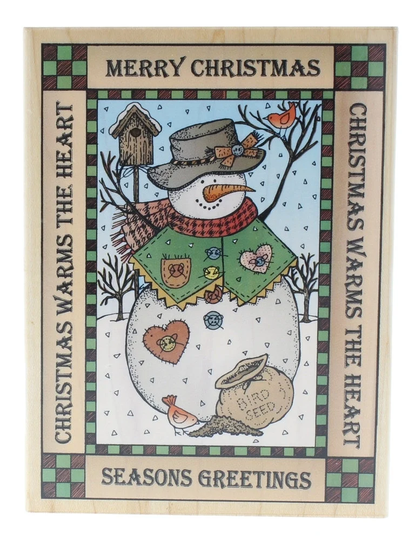 Merry Christmas Season's Greetings Snowman With Birds Wooden Rubber Stamp