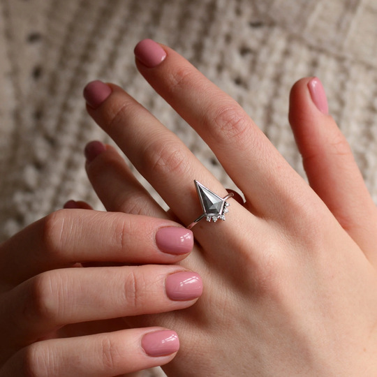 Salt & Pepper Kite Diamond Ring With White Diamonds, Unique Engagement By Mialis Jewelry